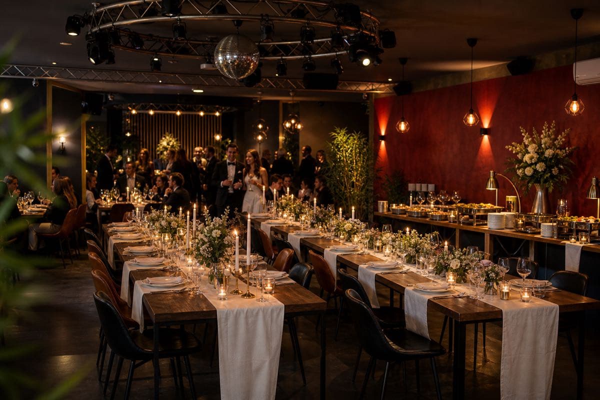 Hochzeits-Catering in der Lightning Eventlocation mit festlich eingedeckten Tischen